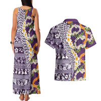 Hawaiian Plumeria Lei Couples Matching Tank Maxi Dress and Hawaiian Shirt Kakau Motifs and Palaka Half Style Purple Color LT03 - Polynesian Pride