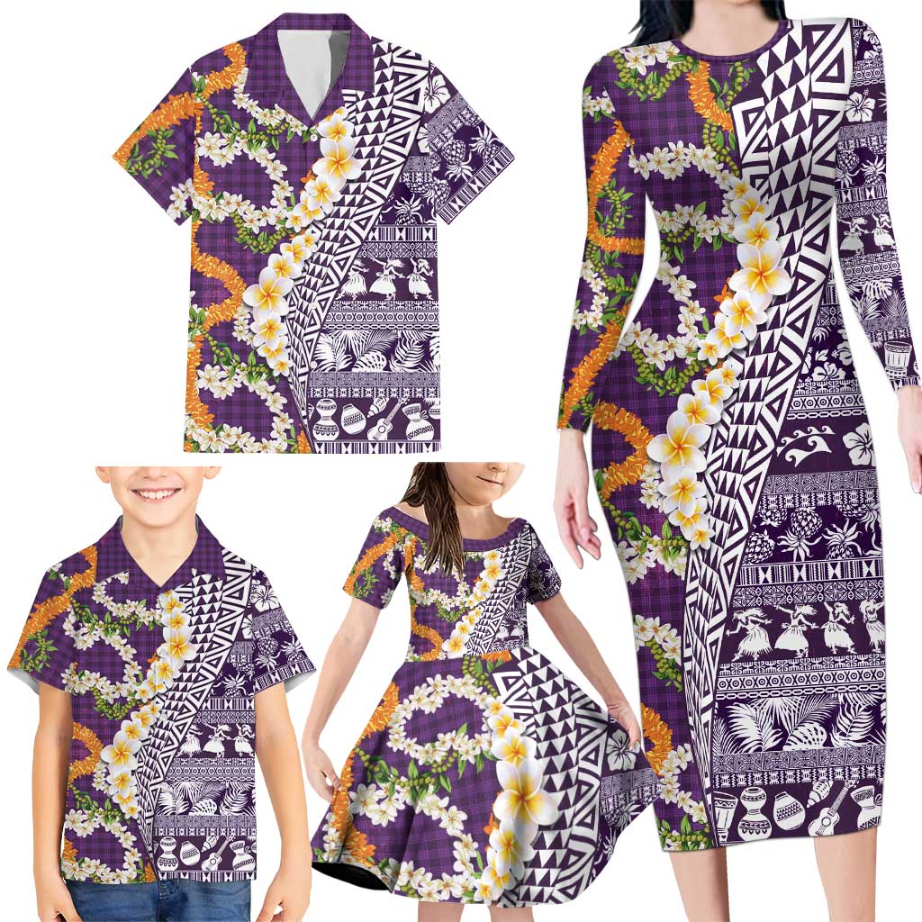Hawaiian Plumeria Lei Family Matching Long Sleeve Bodycon Dress and Hawaiian Shirt Kakau Motifs and Palaka Half Style Purple Color LT03 - Polynesian Pride