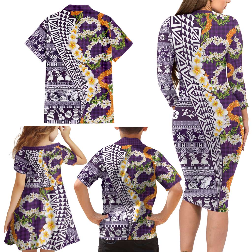 Hawaiian Plumeria Lei Family Matching Long Sleeve Bodycon Dress and Hawaiian Shirt Kakau Motifs and Palaka Half Style Purple Color LT03 - Polynesian Pride