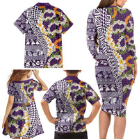 Hawaiian Plumeria Lei Family Matching Long Sleeve Bodycon Dress and Hawaiian Shirt Kakau Motifs and Palaka Half Style Purple Color LT03 - Polynesian Pride