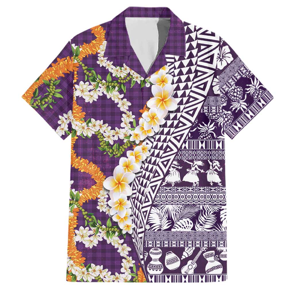 Hawaiian Plumeria Lei Family Matching Long Sleeve Bodycon Dress and Hawaiian Shirt Kakau Motifs and Palaka Half Style Purple Color LT03 Dad's Shirt - Short Sleeve Purple - Polynesian Pride
