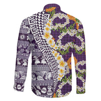 Hawaiian Plumeria Lei Family Matching Long Sleeve Bodycon Dress and Hawaiian Shirt Kakau Motifs and Palaka Half Style Purple Color LT03 - Polynesian Pride