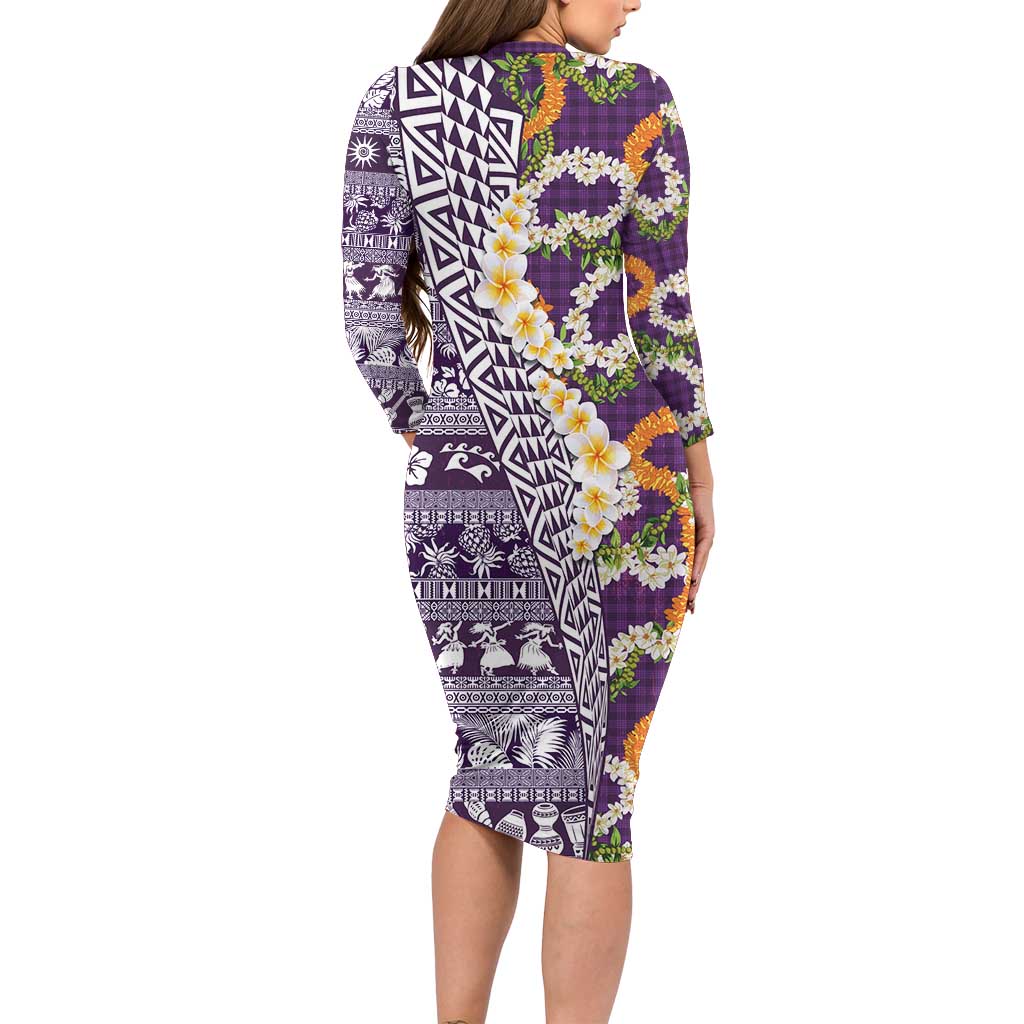 Hawaiian Plumeria Lei Family Matching Long Sleeve Bodycon Dress and Hawaiian Shirt Kakau Motifs and Palaka Half Style Purple Color LT03 - Polynesian Pride
