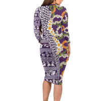 Hawaiian Plumeria Lei Family Matching Long Sleeve Bodycon Dress and Hawaiian Shirt Kakau Motifs and Palaka Half Style Purple Color LT03 - Polynesian Pride
