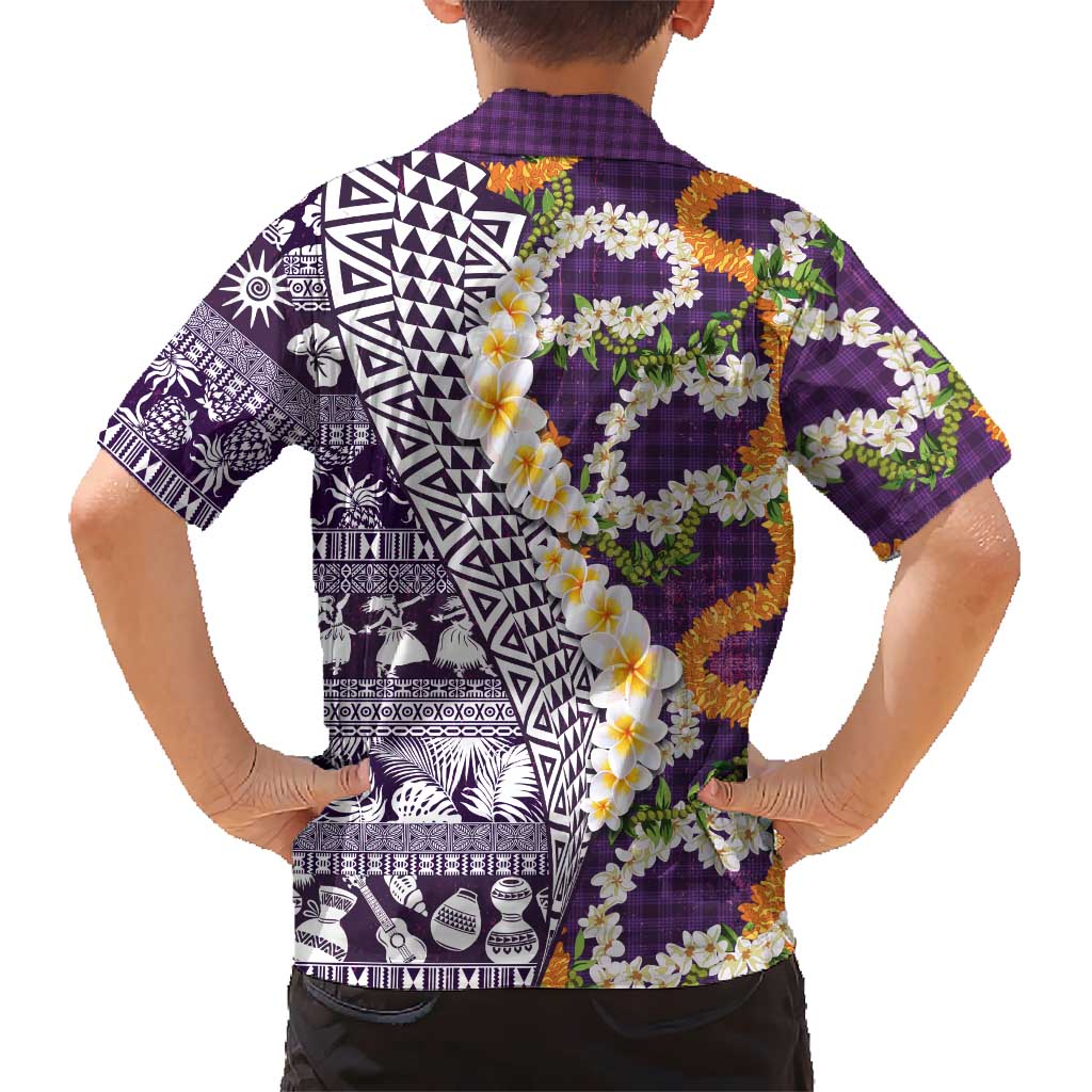 Hawaiian Plumeria Lei Family Matching Mermaid Dress and Hawaiian Shirt Kakau Motifs and Palaka Half Style Purple Color LT03 - Polynesian Pride