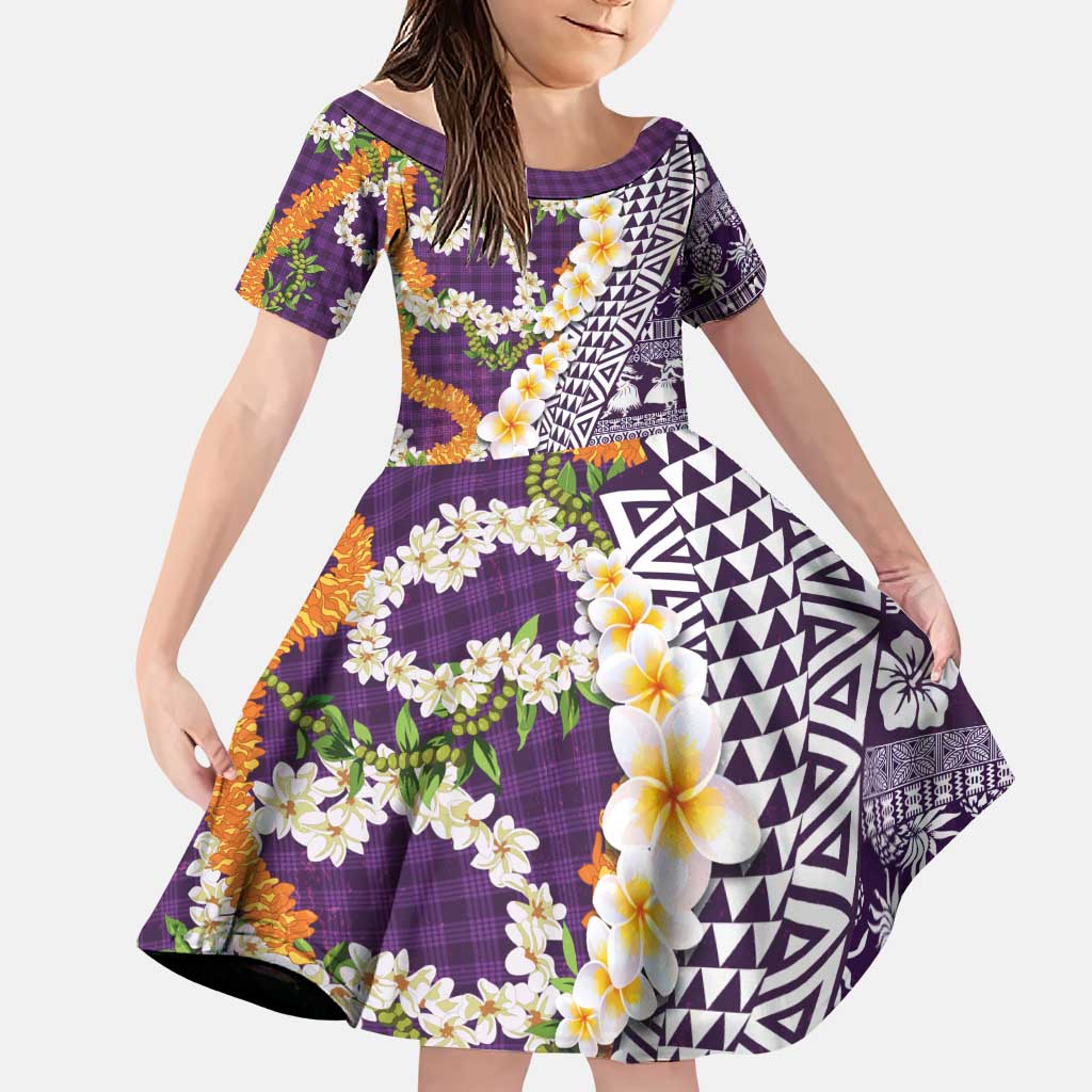 Hawaiian Plumeria Lei Family Matching Mermaid Dress and Hawaiian Shirt Kakau Motifs and Palaka Half Style Purple Color LT03 Daughter's Dress Purple - Polynesian Pride