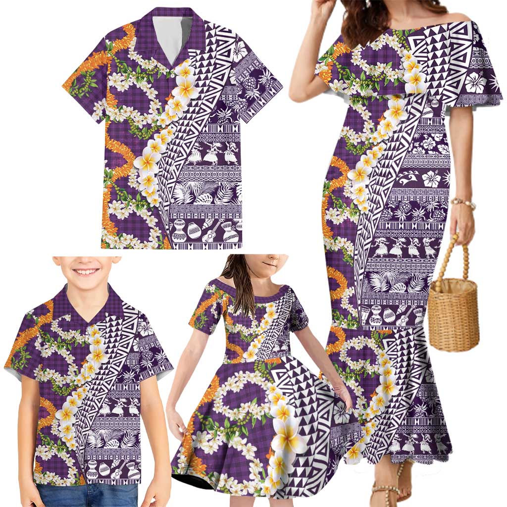 Hawaiian Plumeria Lei Family Matching Mermaid Dress and Hawaiian Shirt Kakau Motifs and Palaka Half Style Purple Color LT03 - Polynesian Pride