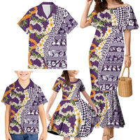 Hawaiian Plumeria Lei Family Matching Mermaid Dress and Hawaiian Shirt Kakau Motifs and Palaka Half Style Purple Color LT03 - Polynesian Pride