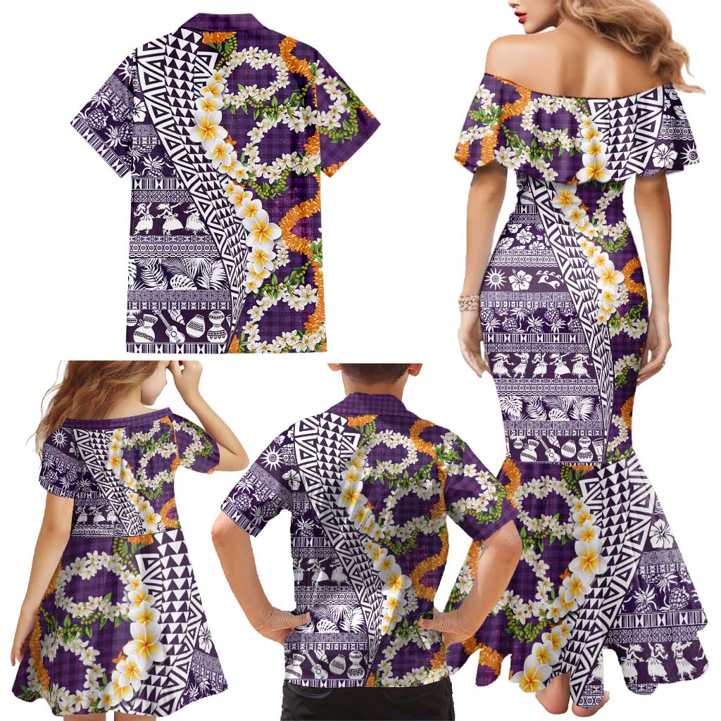 Hawaiian Plumeria Lei Family Matching Mermaid Dress and Hawaiian Shirt Kakau Motifs and Palaka Half Style Purple Color LT03 - Polynesian Pride