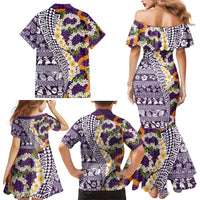 Hawaiian Plumeria Lei Family Matching Mermaid Dress and Hawaiian Shirt Kakau Motifs and Palaka Half Style Purple Color LT03 - Polynesian Pride