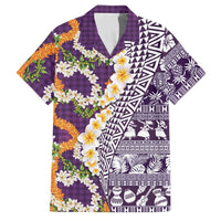 Hawaiian Plumeria Lei Family Matching Mermaid Dress and Hawaiian Shirt Kakau Motifs and Palaka Half Style Purple Color LT03 Dad's Shirt - Short Sleeve Purple - Polynesian Pride
