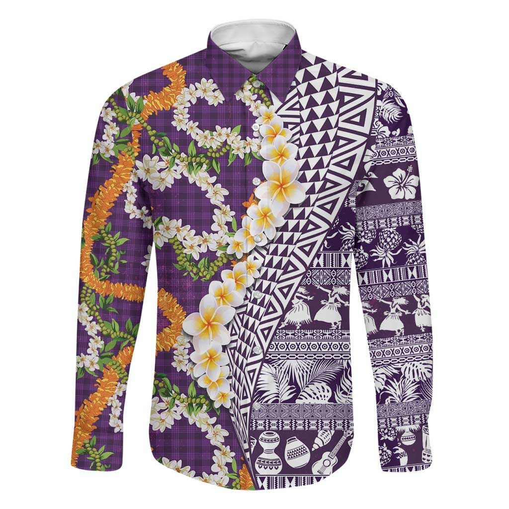 Hawaiian Plumeria Lei Family Matching Mermaid Dress and Hawaiian Shirt Kakau Motifs and Palaka Half Style Purple Color LT03 Dad's Shirt - Long Sleeve Purple - Polynesian Pride