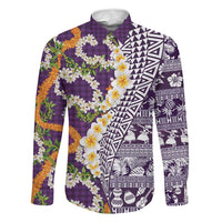 Hawaiian Plumeria Lei Family Matching Mermaid Dress and Hawaiian Shirt Kakau Motifs and Palaka Half Style Purple Color LT03 Dad's Shirt - Long Sleeve Purple - Polynesian Pride
