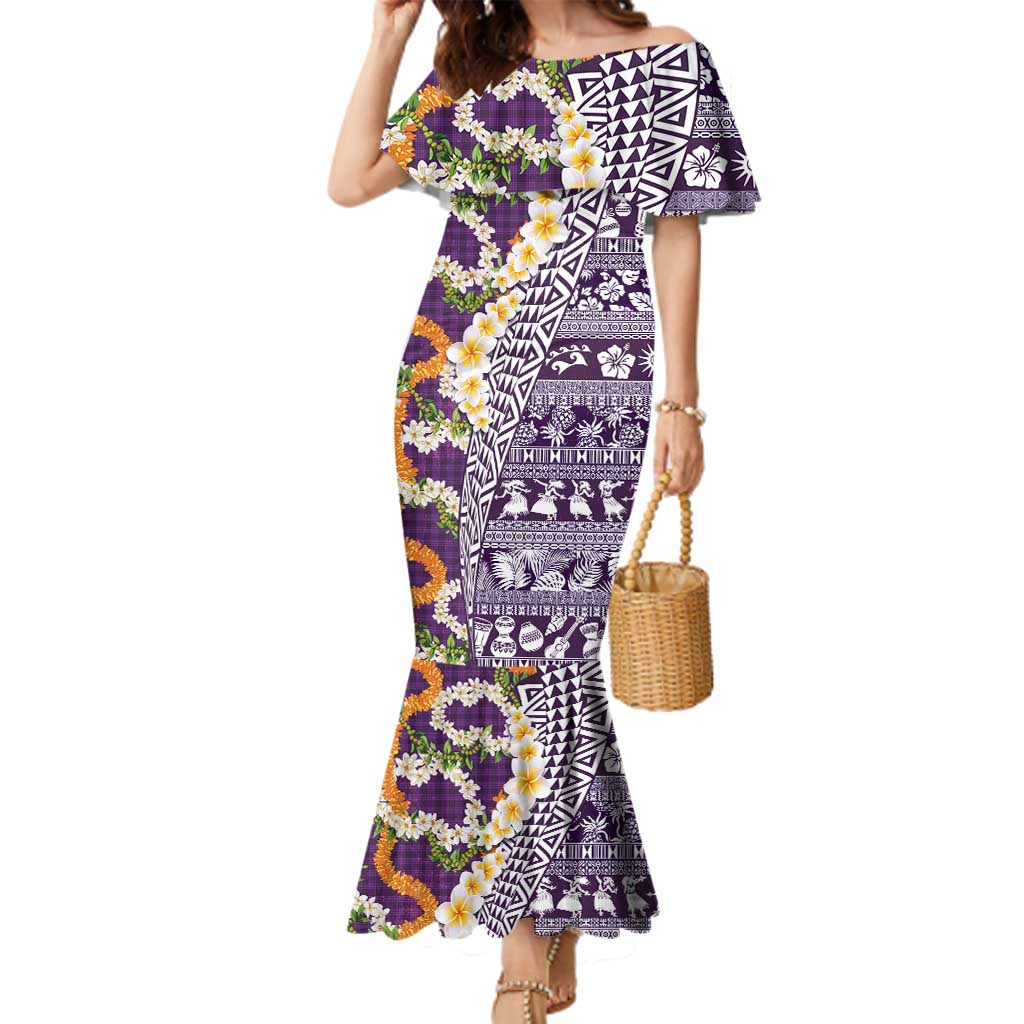 Hawaiian Plumeria Lei Family Matching Mermaid Dress and Hawaiian Shirt Kakau Motifs and Palaka Half Style Purple Color LT03 Mom's Dress Purple - Polynesian Pride