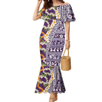 Hawaiian Plumeria Lei Family Matching Mermaid Dress and Hawaiian Shirt Kakau Motifs and Palaka Half Style Purple Color LT03 Mom's Dress Purple - Polynesian Pride