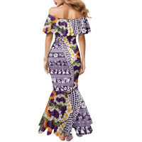 Hawaiian Plumeria Lei Family Matching Mermaid Dress and Hawaiian Shirt Kakau Motifs and Palaka Half Style Purple Color LT03 - Polynesian Pride