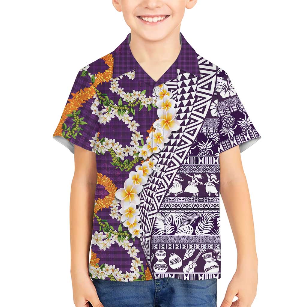 Hawaiian Plumeria Lei Family Matching Mermaid Dress and Hawaiian Shirt Kakau Motifs and Palaka Half Style Purple Color LT03 Son's Shirt Purple - Polynesian Pride