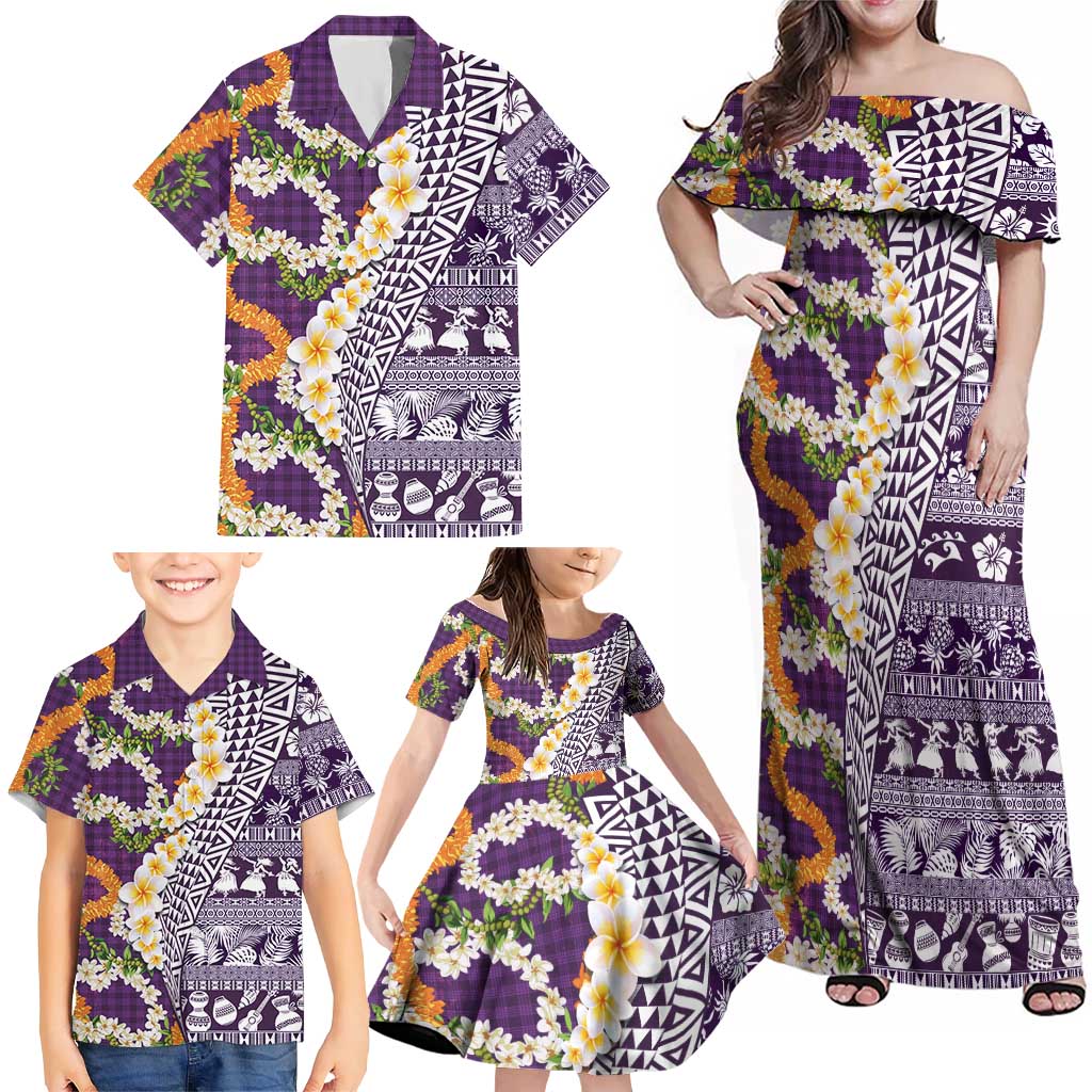 Hawaiian Plumeria Lei Family Matching Off Shoulder Maxi Dress and Hawaiian Shirt Kakau Motifs and Palaka Half Style Purple Color - Polynesian Pride
