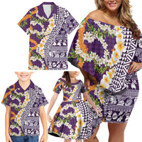 Hawaiian Plumeria Lei Family Matching Off Shoulder Short Dress and Hawaiian Shirt Kakau Motifs and Palaka Half Style Purple Color - Polynesian Pride