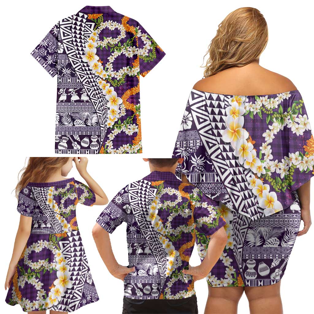 Hawaiian Plumeria Lei Family Matching Off Shoulder Short Dress and Hawaiian Shirt Kakau Motifs and Palaka Half Style Purple Color - Polynesian Pride