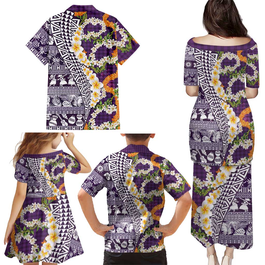 Hawaiian Plumeria Lei Family Matching Puletasi and Hawaiian Shirt Kakau Motifs and Palaka Half Style Purple Color - Polynesian Pride