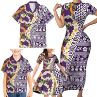 Hawaiian Plumeria Lei Family Matching Short Sleeve Bodycon Dress and Hawaiian Shirt Kakau Motifs and Palaka Half Style Purple Color - Polynesian Pride