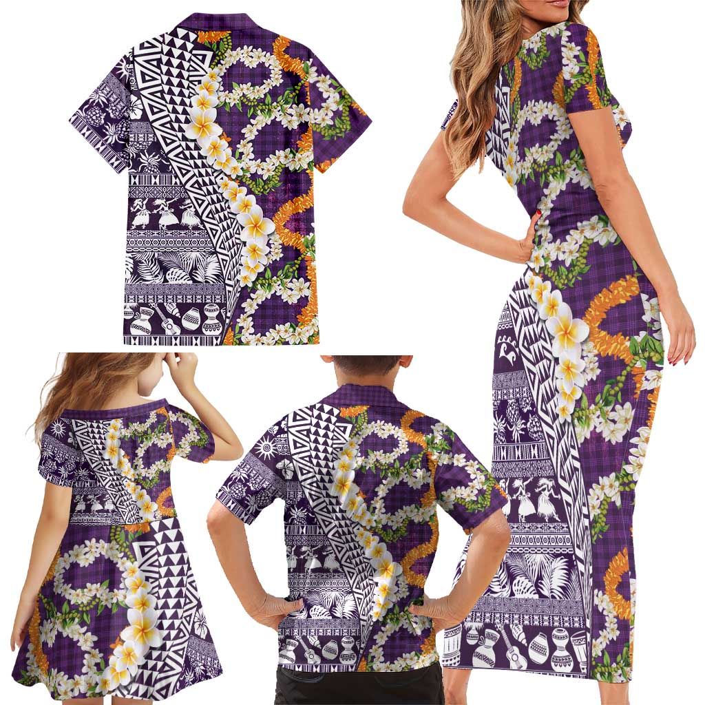 Hawaiian Plumeria Lei Family Matching Short Sleeve Bodycon Dress and Hawaiian Shirt Kakau Motifs and Palaka Half Style Purple Color - Polynesian Pride