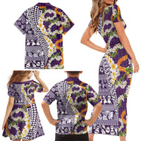 Hawaiian Plumeria Lei Family Matching Short Sleeve Bodycon Dress and Hawaiian Shirt Kakau Motifs and Palaka Half Style Purple Color - Polynesian Pride