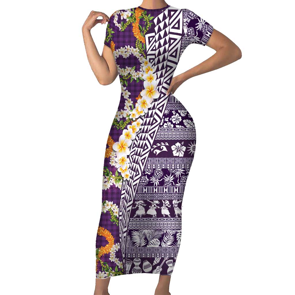 Hawaiian Plumeria Lei Family Matching Short Sleeve Bodycon Dress and Hawaiian Shirt Kakau Motifs and Palaka Half Style Purple Color - Polynesian Pride