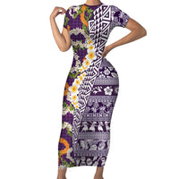Hawaiian Plumeria Lei Family Matching Short Sleeve Bodycon Dress and Hawaiian Shirt Kakau Motifs and Palaka Half Style Purple Color - Polynesian Pride
