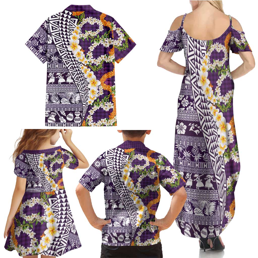 Hawaiian Plumeria Lei Family Matching Summer Maxi Dress and Hawaiian Shirt Kakau Motifs and Palaka Half Style Purple Color - Polynesian Pride