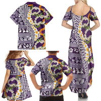 Hawaiian Plumeria Lei Family Matching Summer Maxi Dress and Hawaiian Shirt Kakau Motifs and Palaka Half Style Purple Color - Polynesian Pride