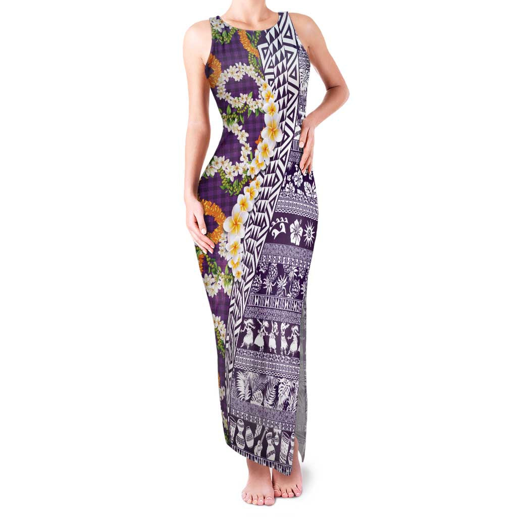 Hawaiian Plumeria Lei Family Matching Tank Maxi Dress and Hawaiian Shirt Kakau Motifs and Palaka Half Style Purple Color - Polynesian Pride