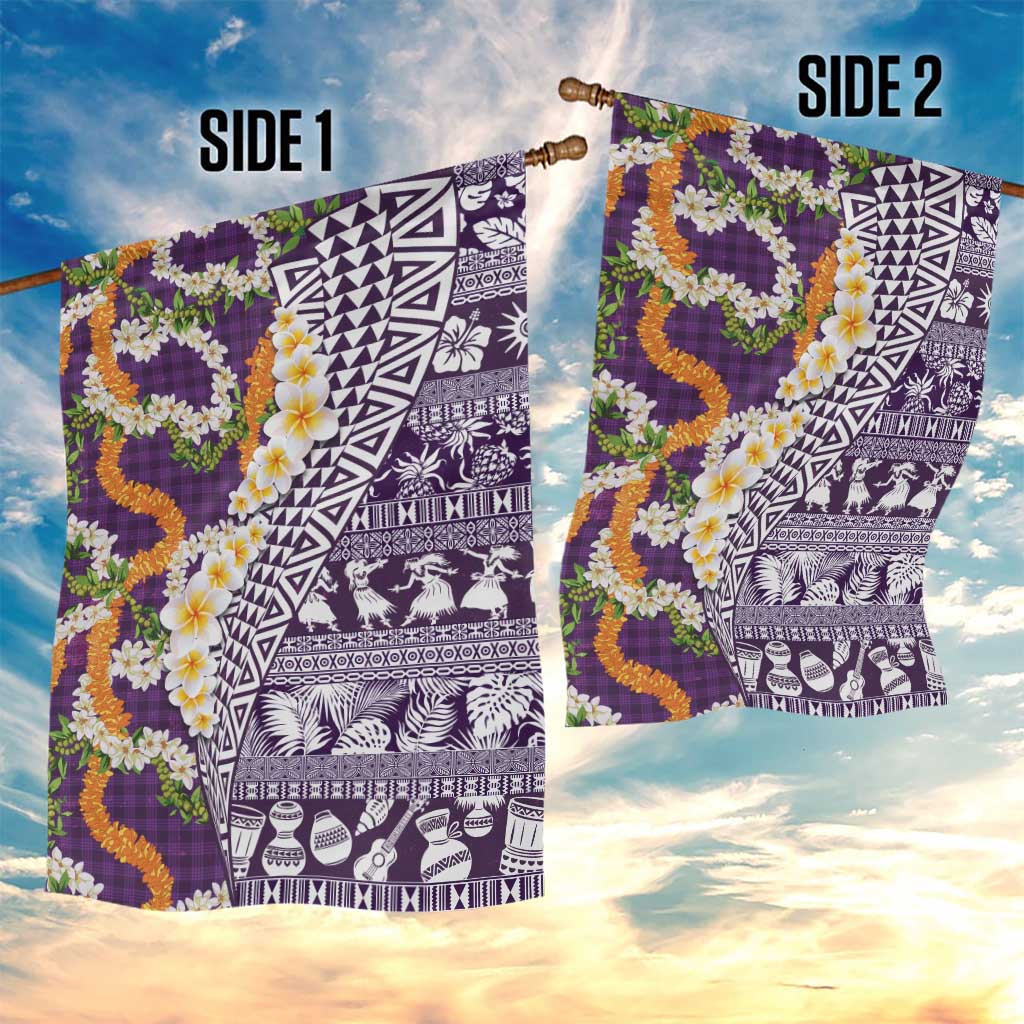 Hawaiian Plumeria Lei Garden Flag Kakau Motifs and Palaka Half Style Purple Color - Polynesian Pride