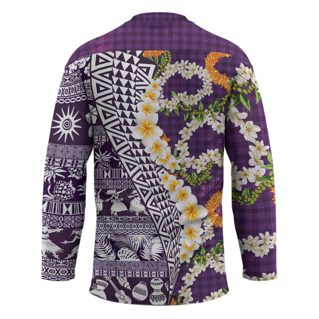 Hawaiian Plumeria Lei Hockey Jersey Kakau Motifs and Palaka Half Style Purple Color - Polynesian Pride