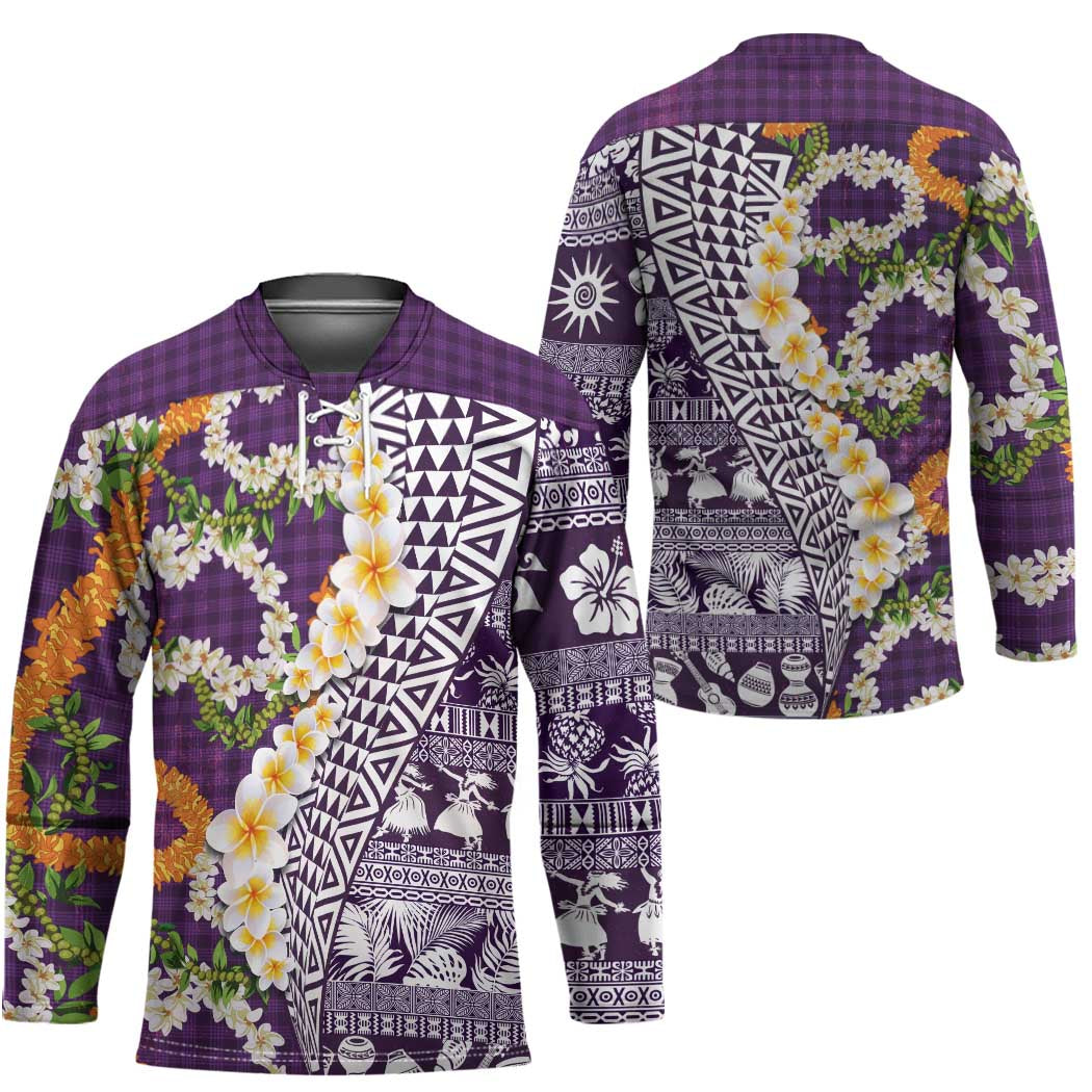Hawaiian Plumeria Lei Hockey Jersey Kakau Motifs and Palaka Half Style Purple Color - Polynesian Pride