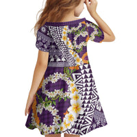 Hawaiian Plumeria Lei Kid Short Sleeve Dress Kakau Motifs and Palaka Half Style Purple Color - Polynesian Pride