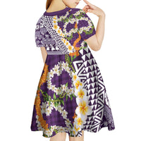Hawaiian Plumeria Lei Kid Short Sleeve Dress Kakau Motifs and Palaka Half Style Purple Color - Polynesian Pride