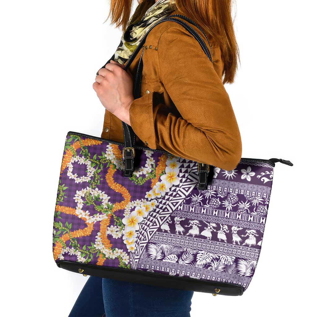 Hawaiian Plumeria Lei Leather Tote Bag Kakau Motifs and Palaka Half Style Purple Color - Polynesian Pride