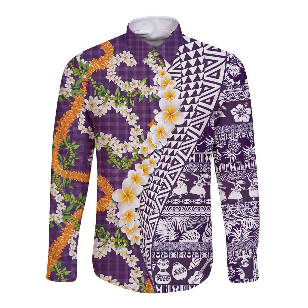 Hawaiian Plumeria Lei Long Sleeve Button Shirt Kakau Motifs and Palaka Half Style Purple Color LT03 Unisex Purple - Polynesian Pride