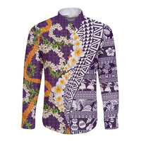 Hawaiian Plumeria Lei Long Sleeve Button Shirt Kakau Motifs and Palaka Half Style Purple Color LT03 Unisex Purple - Polynesian Pride