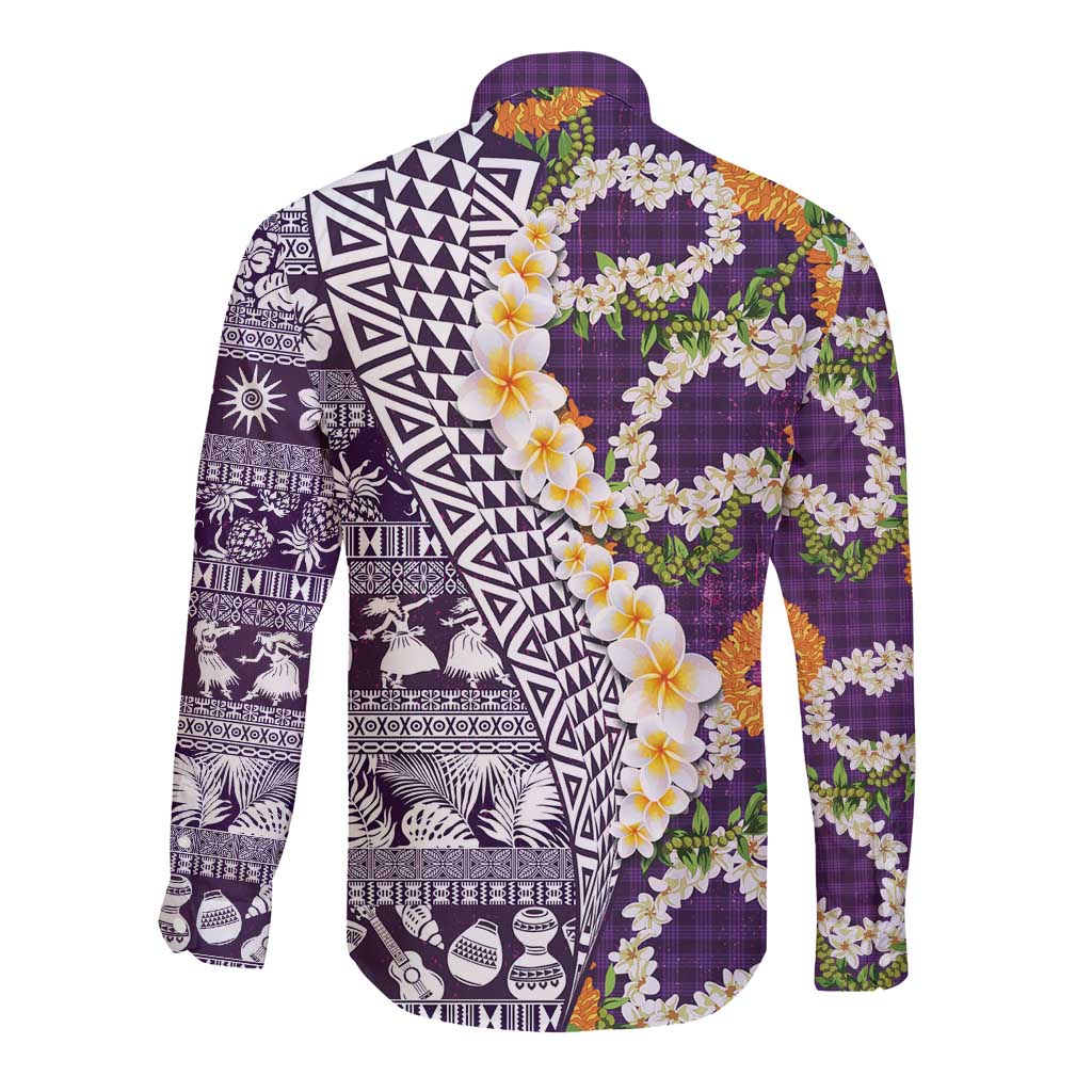 Hawaiian Plumeria Lei Long Sleeve Button Shirt Kakau Motifs and Palaka Half Style Purple Color LT03 - Polynesian Pride