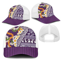 Hawaiian Plumeria Lei Mesh Trucker Cap Kakau Motifs and Palaka Half Style Purple Color - Polynesian Pride