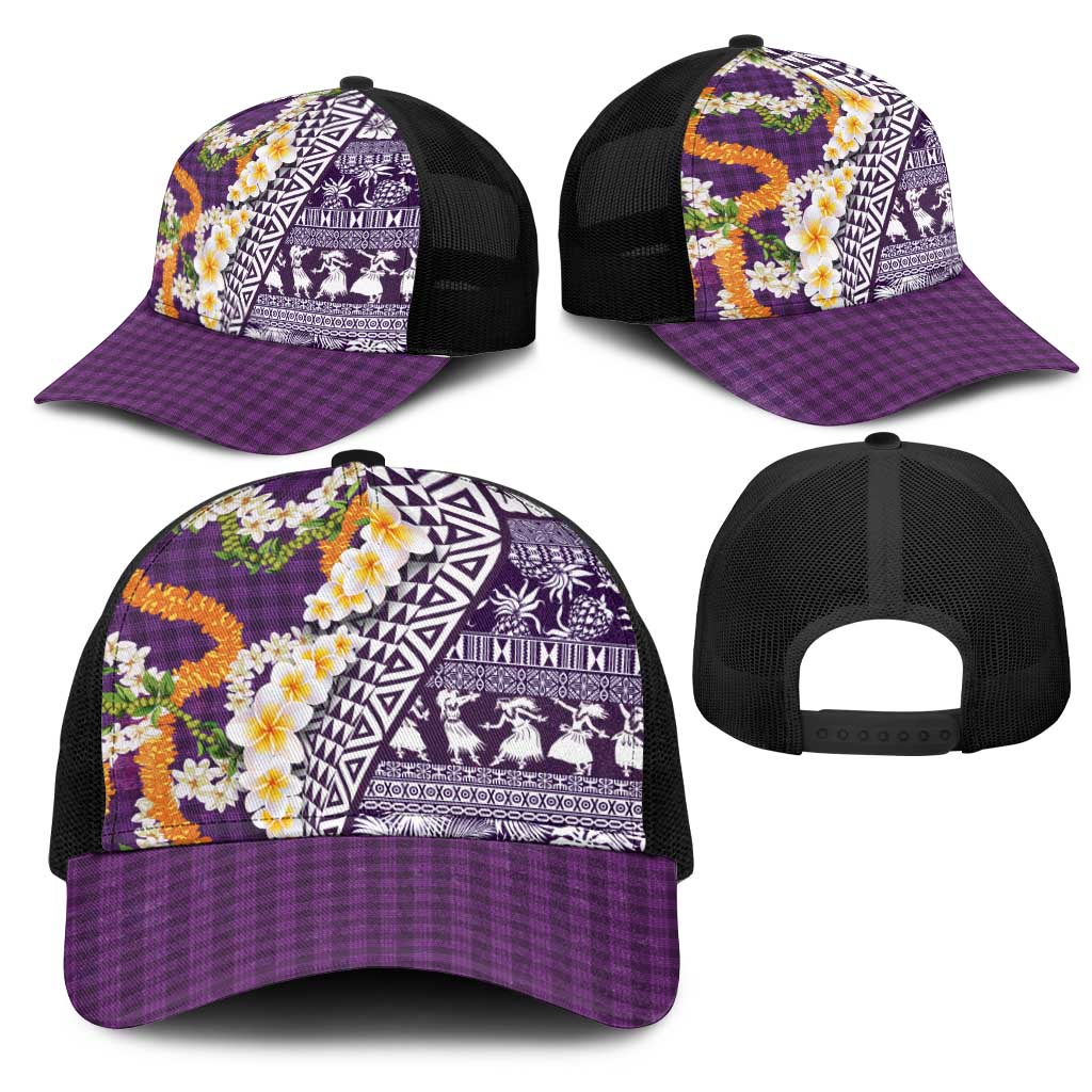 Hawaiian Plumeria Lei Mesh Trucker Cap Kakau Motifs and Palaka Half Style Purple Color - Polynesian Pride