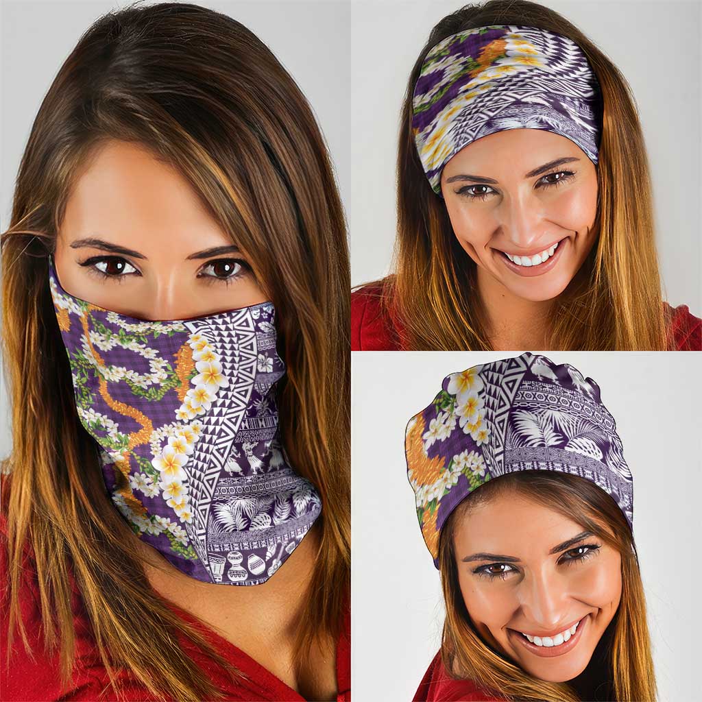 Hawaiian Plumeria Lei Neck Gaiter Kakau Motifs and Palaka Half Style Purple Color LT03 - Polynesian Pride