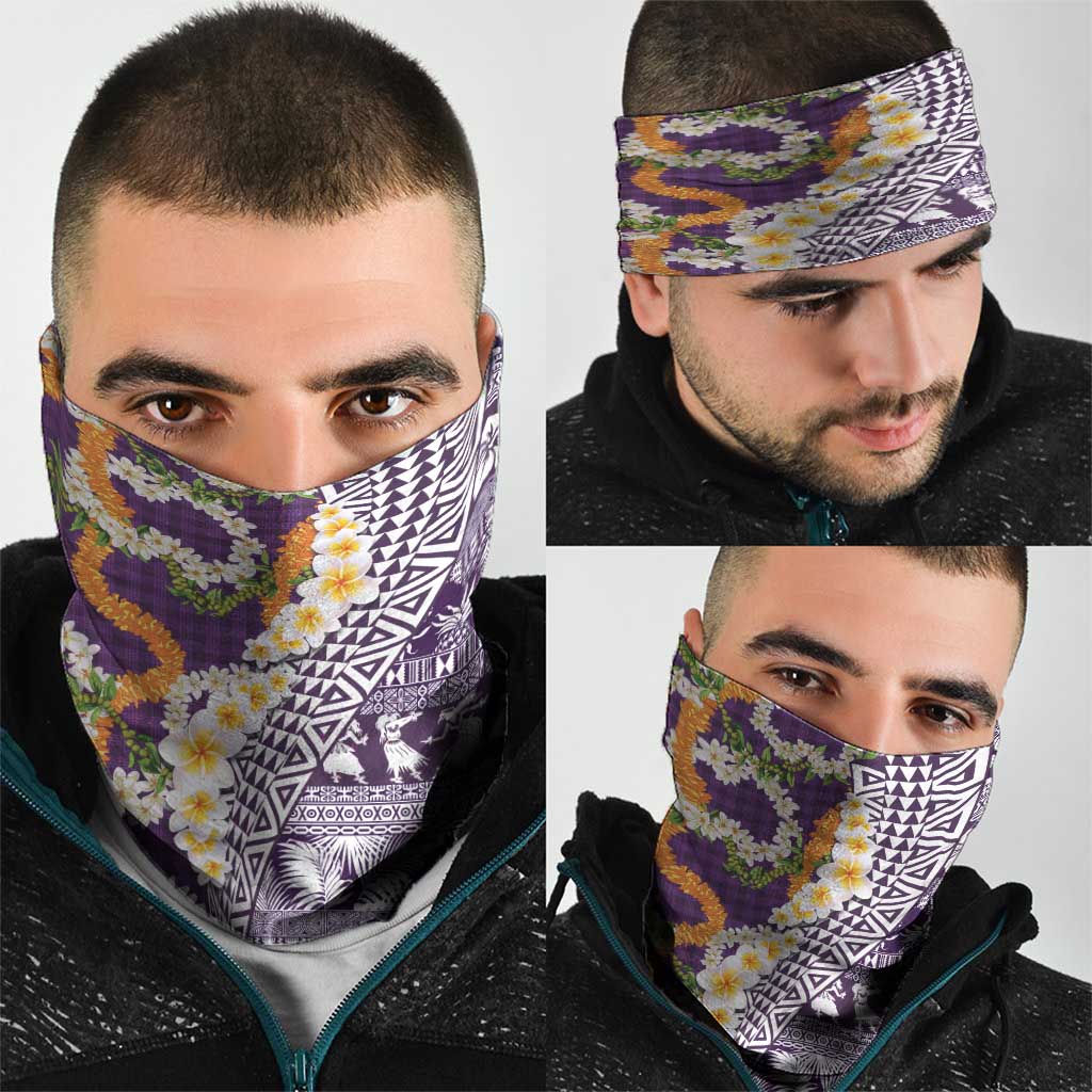 Hawaiian Plumeria Lei Neck Gaiter Kakau Motifs and Palaka Half Style Purple Color LT03 - Polynesian Pride