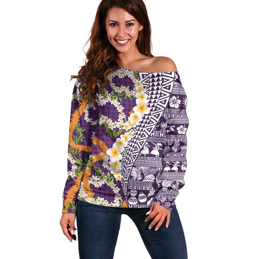 Hawaiian Plumeria Lei Off Shoulder Sweater Kakau Motifs and Palaka Half Style Purple Color LT03 Women Purple - Polynesian Pride