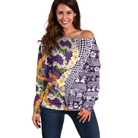 Hawaiian Plumeria Lei Off Shoulder Sweater Kakau Motifs and Palaka Half Style Purple Color LT03 Women Purple - Polynesian Pride