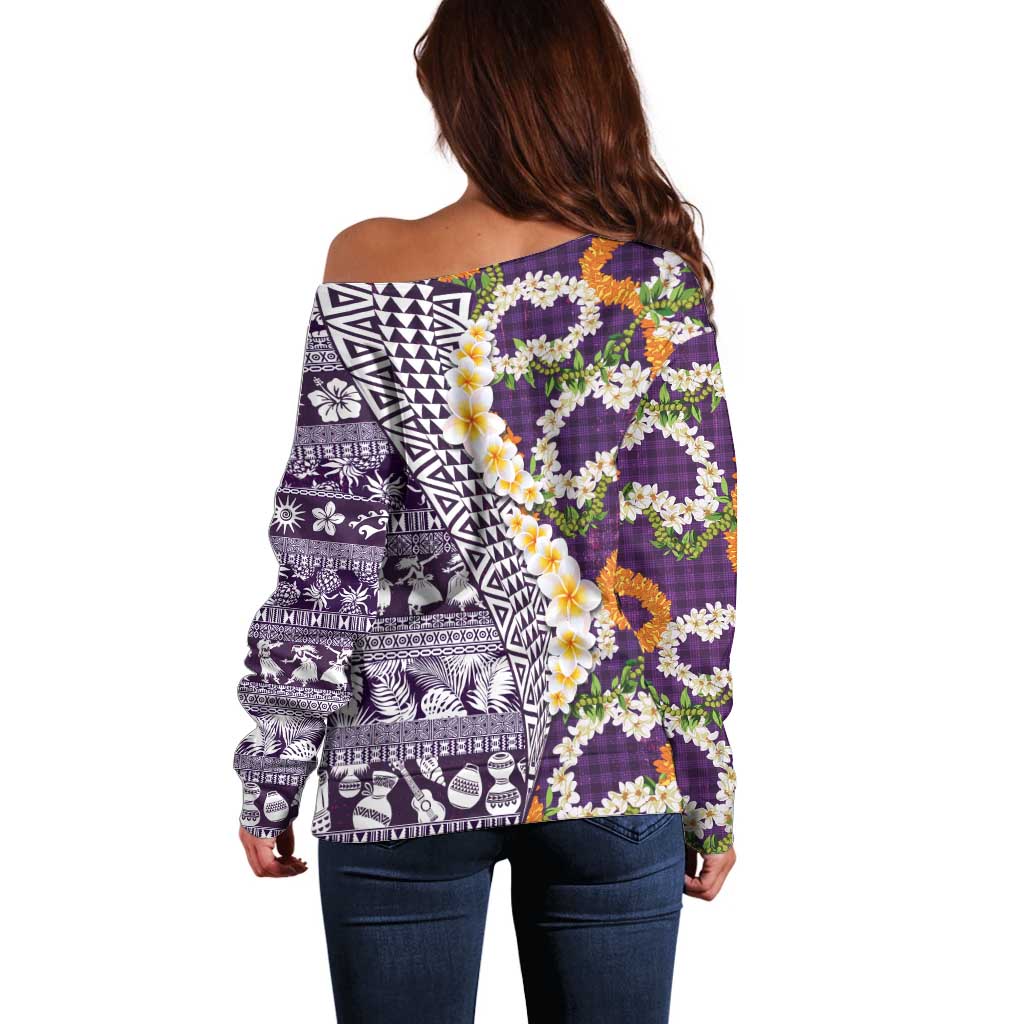 Hawaiian Plumeria Lei Off Shoulder Sweater Kakau Motifs and Palaka Half Style Purple Color LT03 - Polynesian Pride