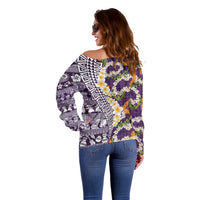 Hawaiian Plumeria Lei Off Shoulder Sweater Kakau Motifs and Palaka Half Style Purple Color LT03 - Polynesian Pride